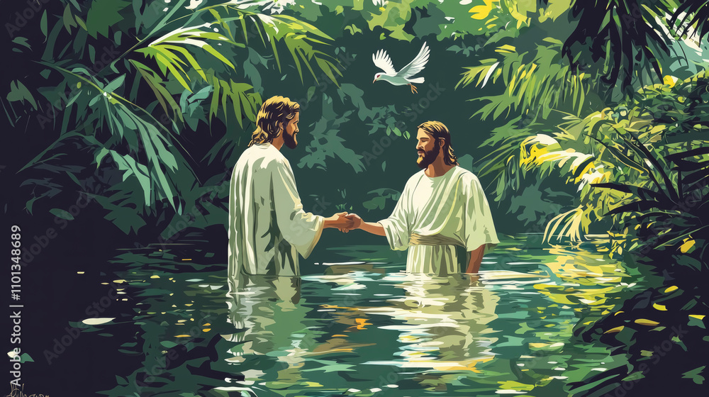 An illustration depicting the baptism of Jesus by John the Baptist in a ...
