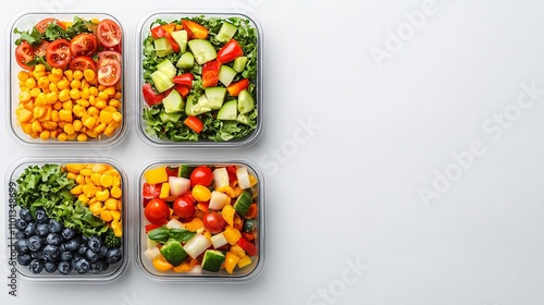Wallpaper Mural Fresh salad containers concept. Colorful, fresh salads in clear containers arranged neatly on a light surface, showcasing a variety of vegetables and fruits. Torontodigital.ca