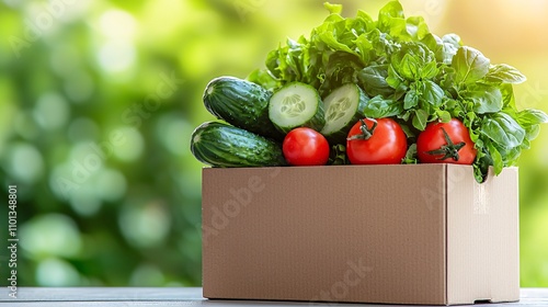 Fresh salad containers concept. A cardboard box filled with fresh vegetables like cucumbers, tomatoes, and leafy greens, set against a soft, blurred green background. photo