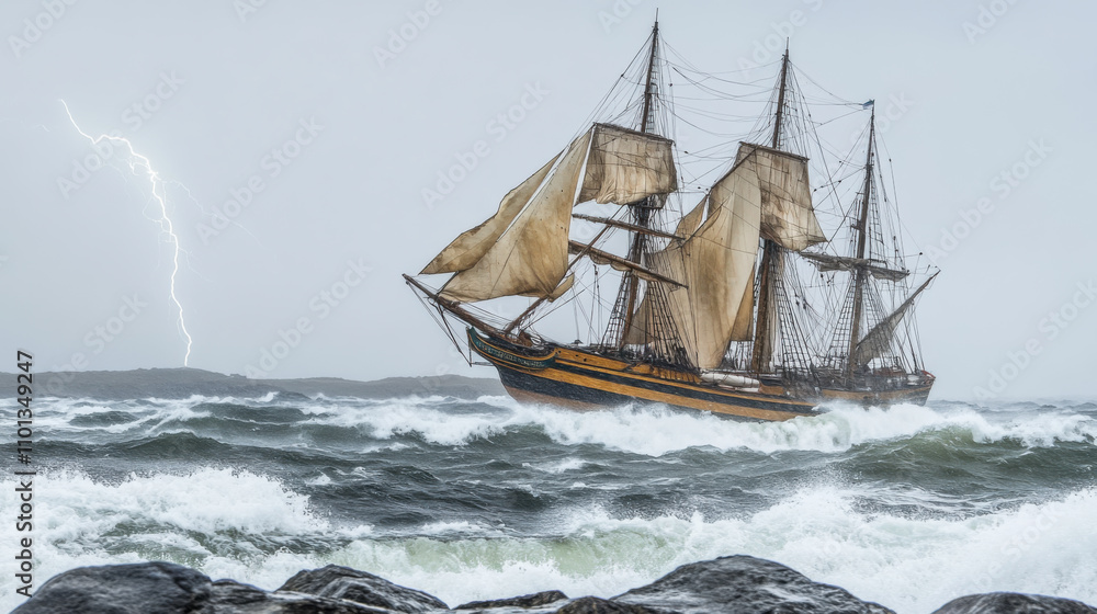 Obraz premium A tall ship navigating turbulent seas during a storm at dawn, showcasing its majestic sails and sturdy construction
