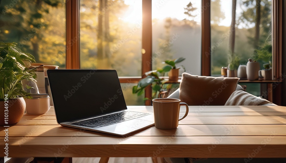 freelance work from home, with a laptop, coffee, and a comfortable workspace freelance work from home, with a laptop, coffee, and a comfortable workspace