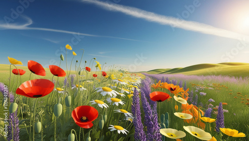 Vibrant wildflower meadow under clear blue sky, field of and sky. field of flowers