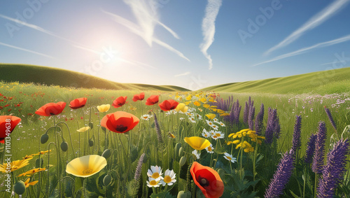 Vibrant wildflower meadow under clear blue sky, field of and sky. field of flowers