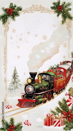 Christmas steam train carrying festive gifts, surrounded by holly, pine branches, snowflakes, and vintage decorations on a snowy winter background, vertical format photo