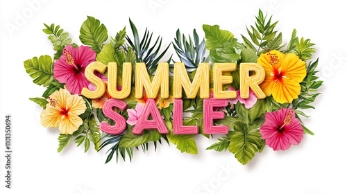 Summer Sale Text with Tropical Leaves and Hibiscus Design photo