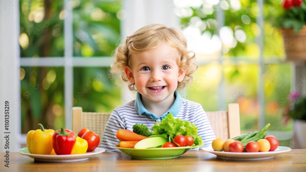 Joyful child enjoying healthy meal with fresh vegetables at home Joyful child enjoying healthy meal with fresh vegetables at home