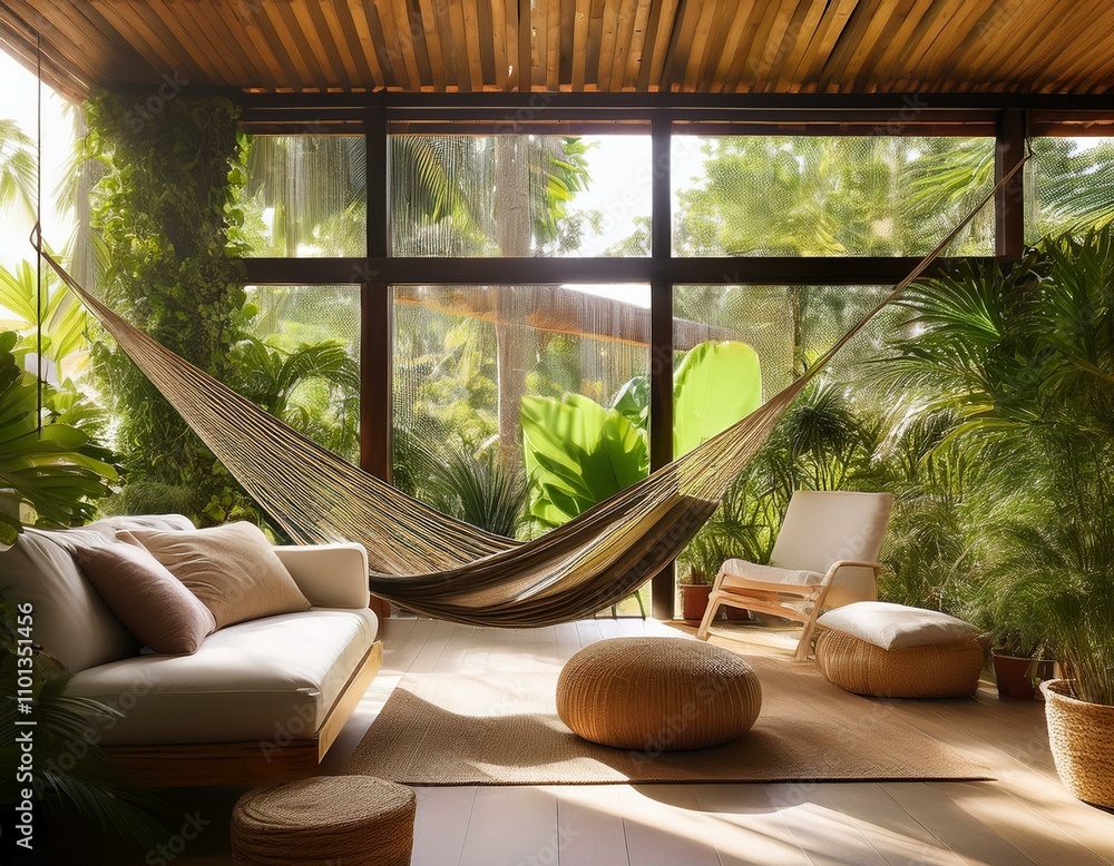 Fototapeta premium tranquil eco-lodge interior showcasing sustainable living. lush indoor plants