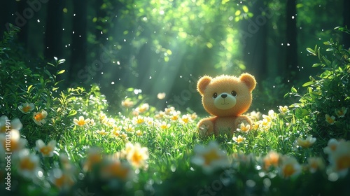 Teddy Bear in the Enchanted Forest: A plush brown teddy bear sits amidst a field of delicate white flowers, bathed in the warm glow of sunlight filtering through a lush green forest.