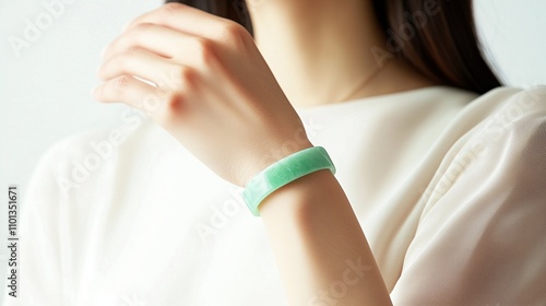 a woman arm close up wearing a green jade bracelet bangle jewelry