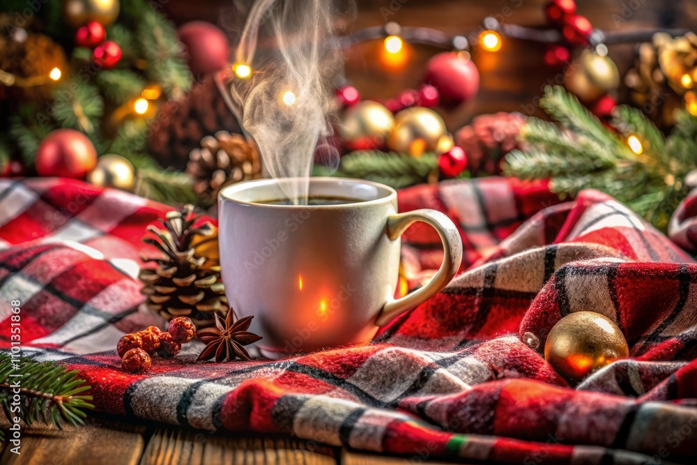 Cozy Mug of Hot Drink on Red Checkered Blanket Surrounded by New Year and Christmas Decorations Creating a Warm and Inviting Holiday Atmosphere Cozy Mug of Hot Drink on Red Checkered Blanket Surrounded by New Year and Christmas Decorations Creating a Warm and Inviting Holiday Atmosphere