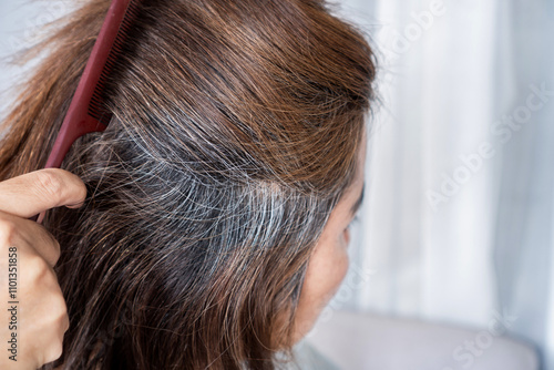 woman with gray hair from back view combing her damaged hair, dry split ends caused by chemicals from hair dye photo