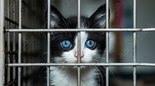 photograph of Black and white kitten in a cage at an animal shelter, a cute cat with blue eyes looking out of the cage, real photo, photograph