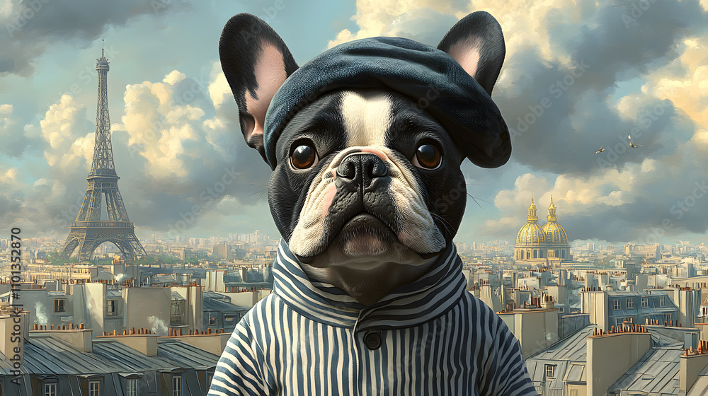A whimsical digital illustration of a French Bulldog in a cartoon style, dressed in a striped shirt and beret, standing in front of an illustrated Parisian cityscape with soft pastel tones.