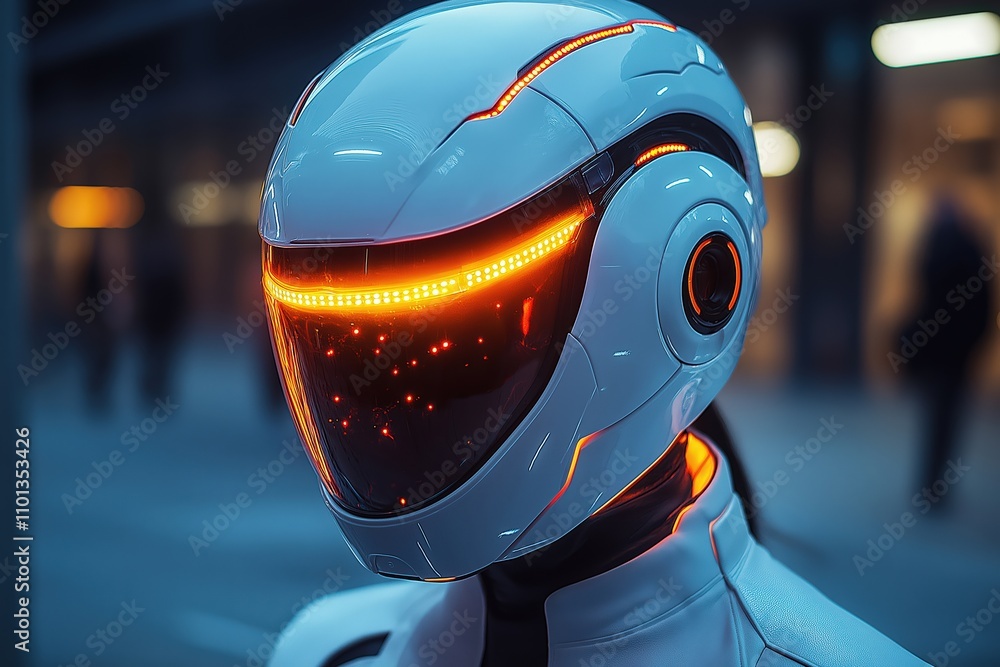 Futuristic humanoid figure with illuminated helmet exploring urban environment at night Futuristic humanoid figure with illuminated helmet exploring urban environment at night