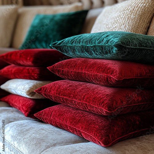 Elegant and luxurious velvet cushions in rich cherry red, emerald green, and ivory tones stacked on a stylish beige sofa. The soft textures and deep colors exude comfort, sophistication photo