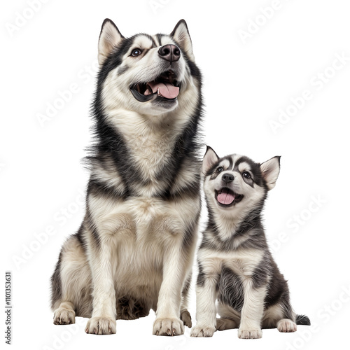 Happy siberian husky dog sitting next to its puppy isolated on a transparent background