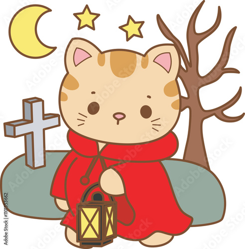 Illustration of cute kitty halloween icon.
Funny halloween cat in daily activities elements.
