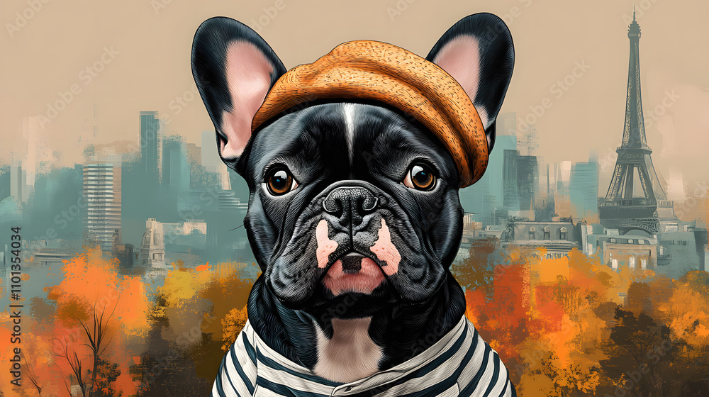 A whimsical digital illustration of a French Bulldog in a cartoon style, dressed in a striped shirt and beret, standing in front of an illustrated Parisian cityscape with soft pastel tones.