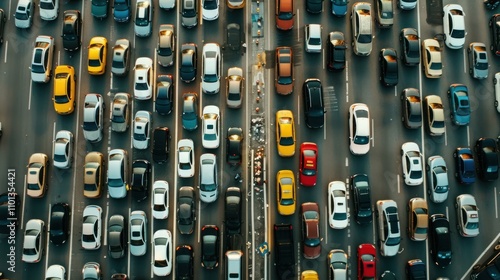 photograph of Cars were stuck in a traffic jam on the highway. The high way road had cars standing close together. The concept of urban scenery with vehicles. photo