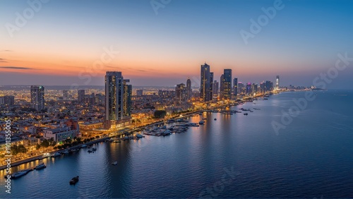 Wallpaper Mural Generative AI, Coastal Cityscape at Sunset with Glass Skyscrapers and Ocean Views Torontodigital.ca