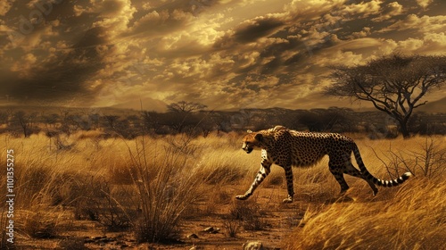 photograph of Cheetah stalking fro prey on savanna, digital art photo