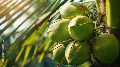 Fototapeta Naklejka Na Ścianę i Meble -  photograph of Close up of fresh green coconut fruits on a palm tree, with a tropical background. A high resolution photograph,