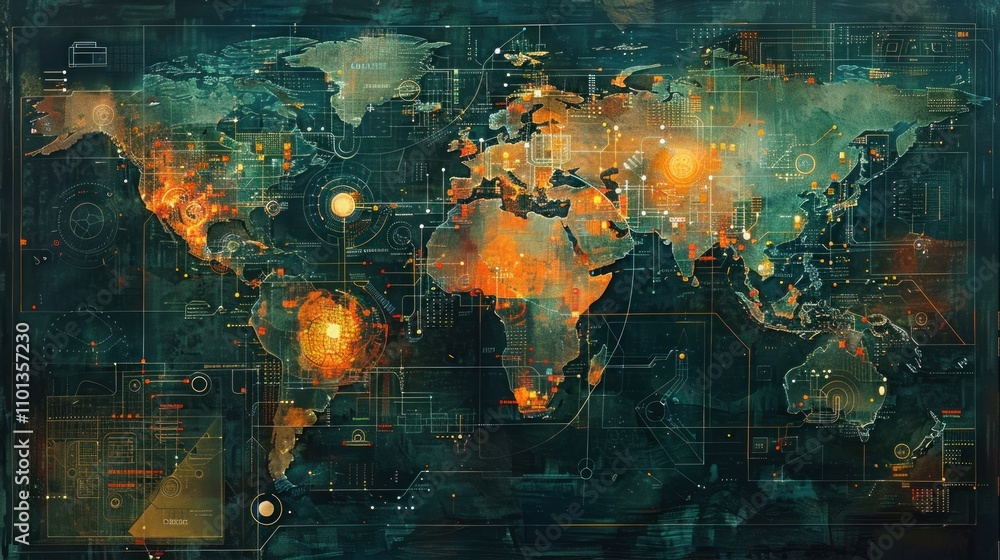 Fototapeta premium A stylized world map with digital elements and glowing effects, suggesting technology and data.