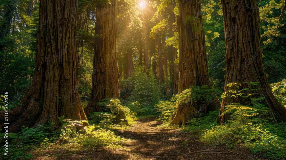 Fototapeta premium A serene forest path illuminated by sunlight, surrounded by towering trees and lush greenery.