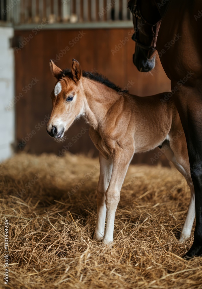Obraz premium Newborn foal standing in barn with straw bedding