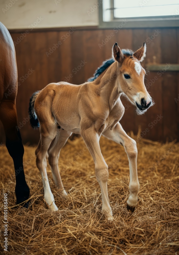 Fototapeta premium Newborn foal standing on straw in barn with warm lighting