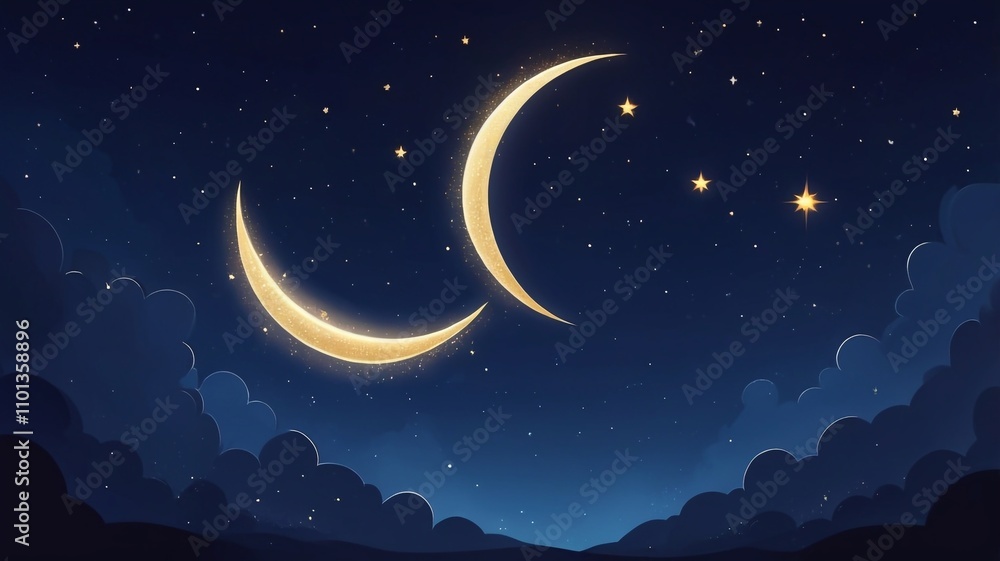 Fototapeta premium A glittering crescent moon and stars against a dark blue night sky, creating a magical and celestial atmosphere.