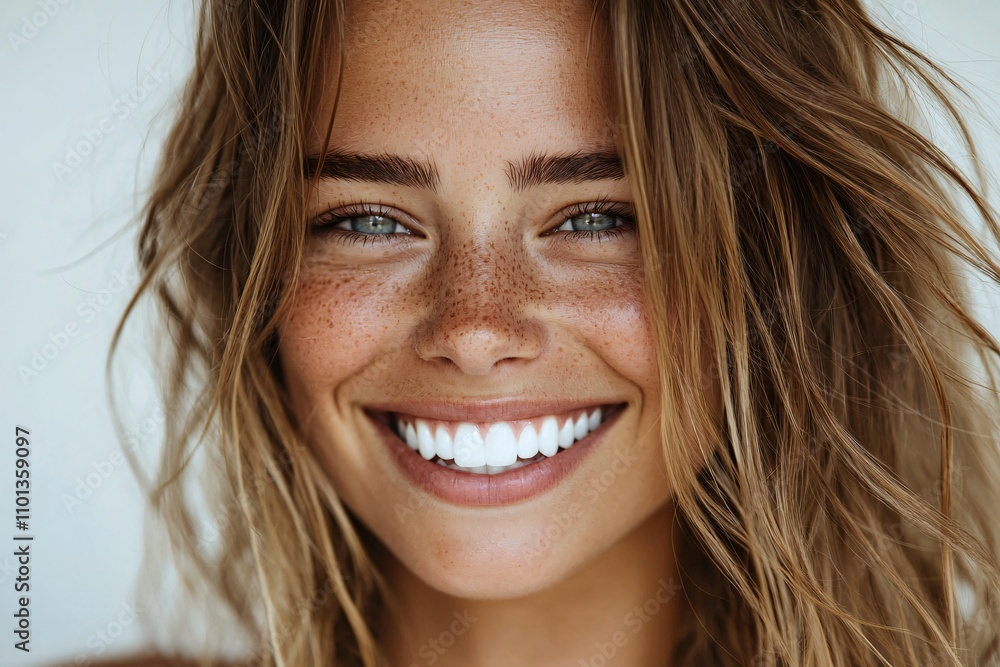 Happy Woman with Freckles and Long Blonde Hair Smiling Happy Woman with Freckles and Long Blonde Hair Smiling