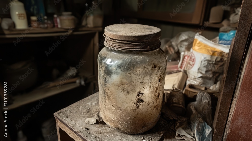Fototapeta premium Dusty Glass Jar on a Table Surrounded by Untidy Old Items