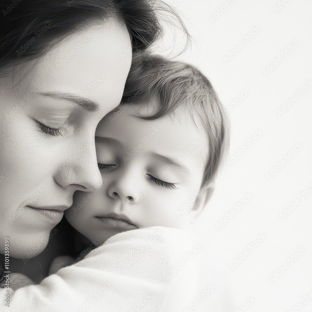 Mother holding a child close to her heart, eyes closed, pure white background, symbolizing the strength and tenderness of maternal love Mother holding a child close to her heart, eyes closed, pure white background, symbolizing the strength and tenderness of maternal love