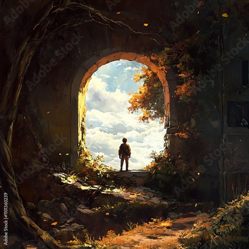 A Boy's Journey Through a Mysterious Archway to a Serene Landscape photo