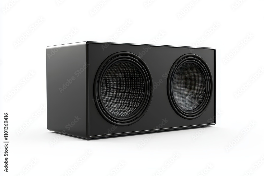 Obraz premium A powerful and sleek black subwoofer with dual woofers, isolated against white background.