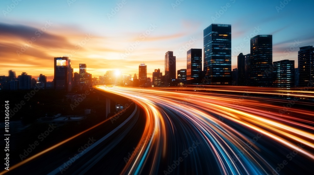 Fototapeta premium Cityscape at Sunset: Vibrant Lights and Urban Energy