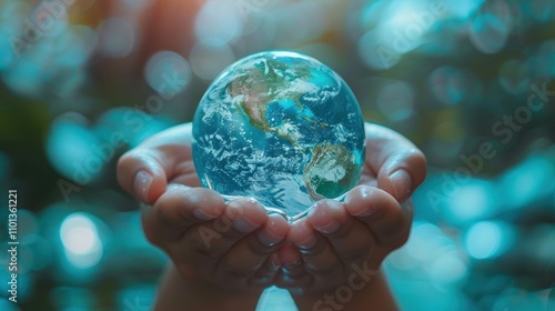 photograph of earth globe cradled by hands forming water droplet shape powerful visual metaphor for water conservation and environmental protection with serene blue and green tones