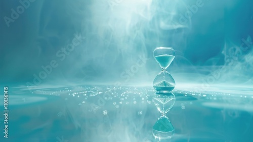 photograph of elegant crystal hourglass suspended in serene aquamarine void sand particles frozen midfall soft ambient light minimalist composition time concept visualization photo