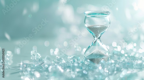 photograph of elegant crystal hourglass suspended in serene aquamarine void sand particles frozen midfall soft ambient light minimalist composition time concept visualization