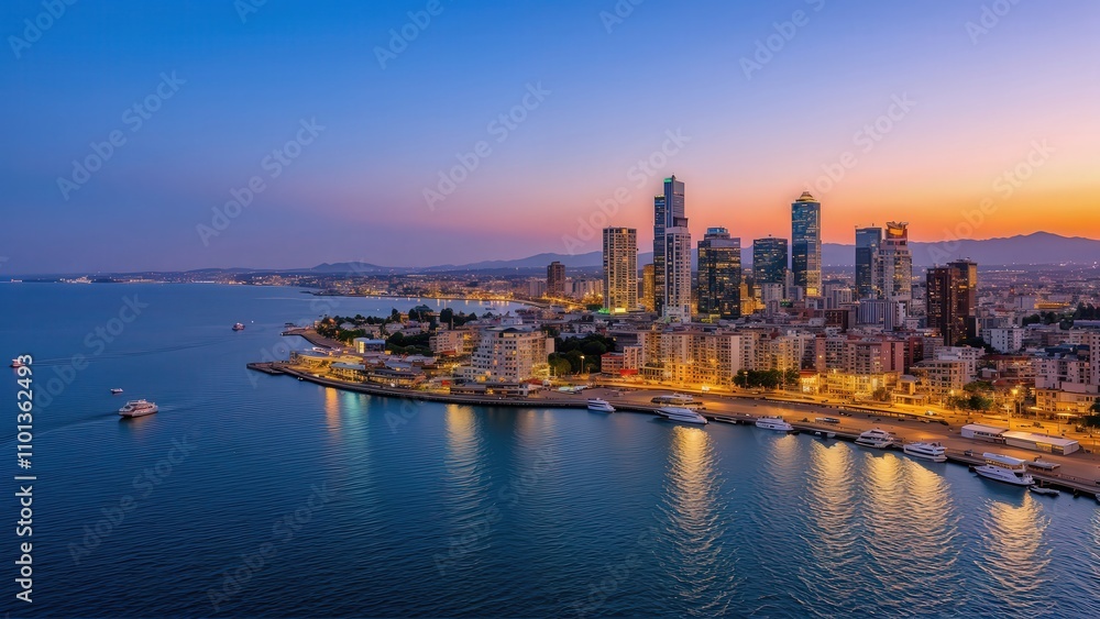 Fototapeta premium Generative AI, Coastal Cityscape at Sunset with Glass Skyscrapers and Ocean Views