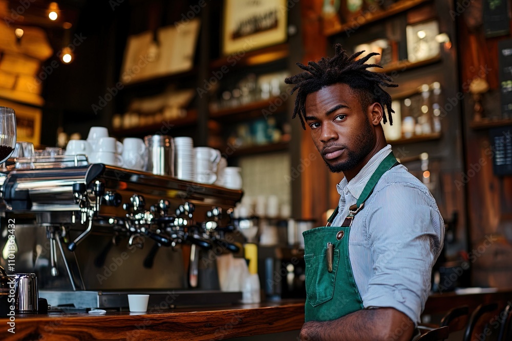 Barista prepares coffee while serving customers in a cozy cafe during a bustling afternoon Barista prepares coffee while serving customers in a cozy cafe during a bustling afternoon