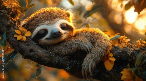 Sleepy Sloth in Golden Hour: A  fluffy sloth  snoozes peacefully on a branch, bathed in the warm glow of the setting sun. photo