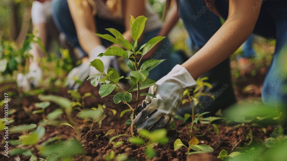 Fototapeta premium photograph of environmental conservation scene with diverse volunteers planting trees lush green setting teamwork in action hope for a sustainable future