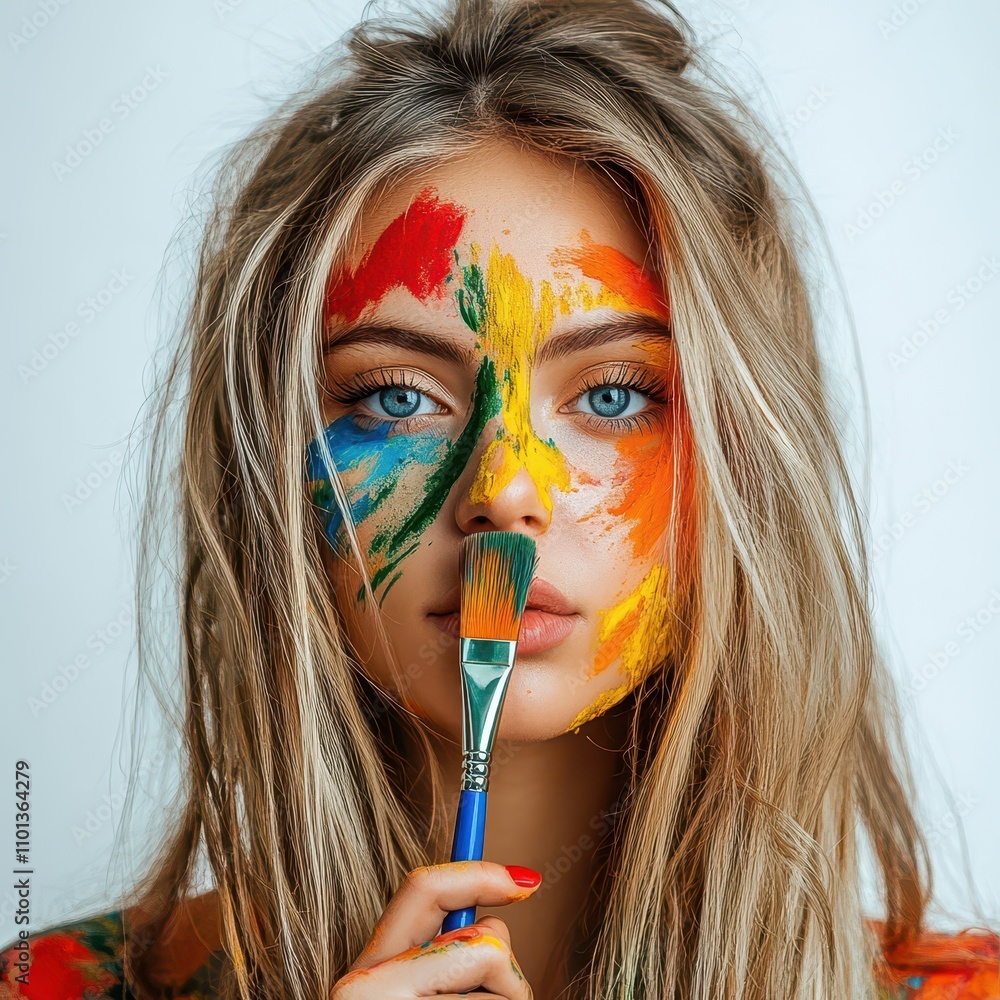 Female artist holding a paintbrush with streaks of color on her face, fierce gaze, pure white background, celebrating creative resilience Female artist holding a paintbrush with streaks of color on her face, fierce gaze, pure white background, celebrating creative resilience
