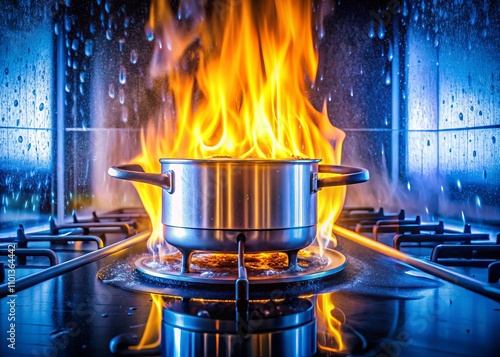 Double Exposure of Gas LP Fire from a Boiler Heating Water for Shower and Fuels Kitchen Oven, Blending Warmth with Daily Comfort in a Modern Home Setting photo