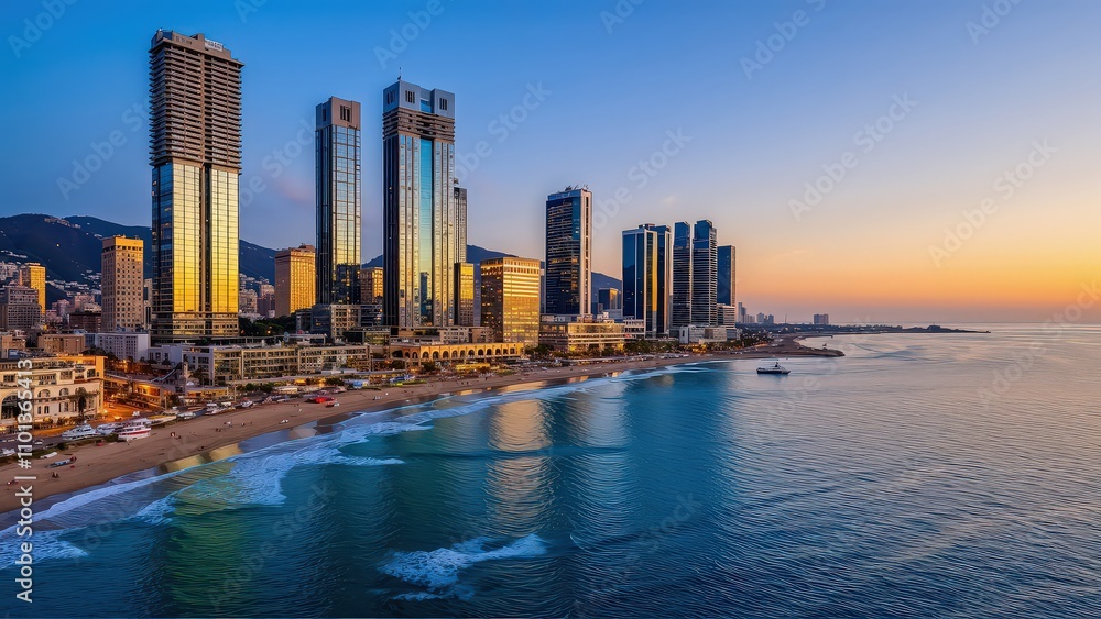 Obraz premium Generative AI, Coastal Cityscape at Sunset with Glass Skyscrapers and Ocean Views