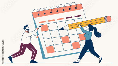  Project Schedule, Employee Timetable, Team Meeting Schedule or Appointment, Calendar Date Planning, Agenda or Project Deadline Concept, Businessman and Woman Carry Big Calendar Plan with Pencil:
