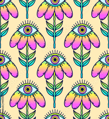 Seamless pattern with surreal gradient flower with an eye, psychedelic concept.