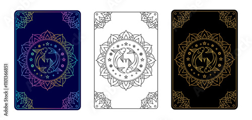 Tarot card with Pisces zodiac style. Simple line art style.